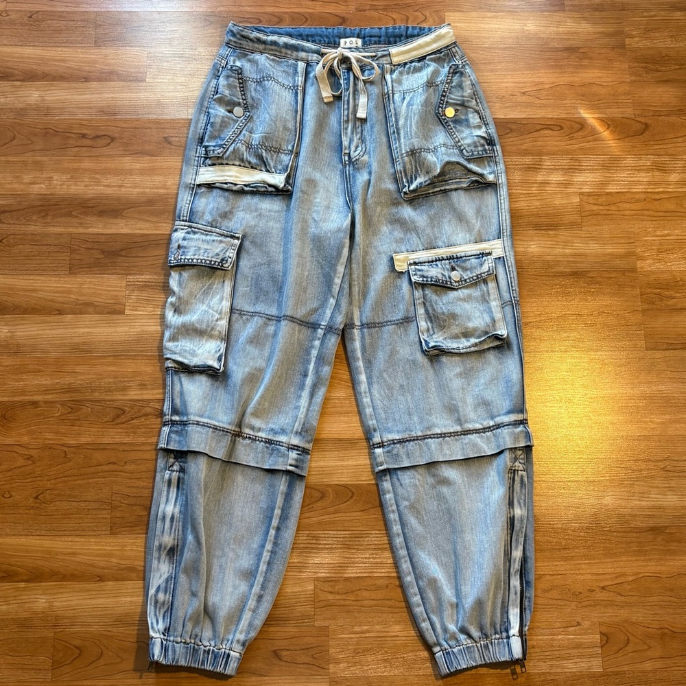 POL Multi Cargo Pocket Drawstring Waist Baggy Denim Joggers Women’s Large - Picture 2 of 15